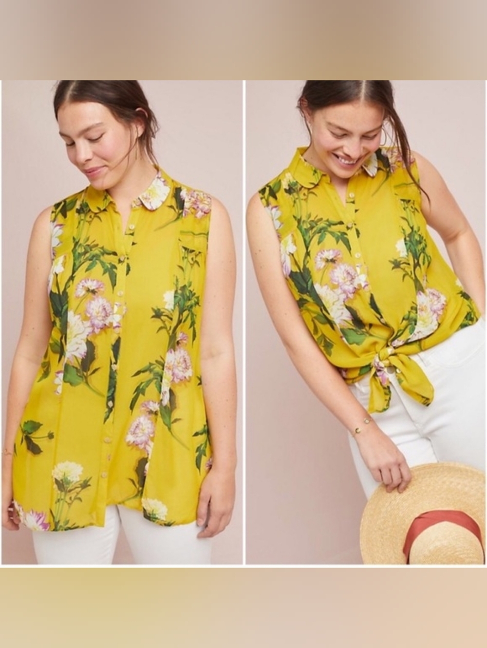 Anthropologie Mauve Yellow Floral Sleeveless Blouse Flowy EUC Size 0 (Fits XS-S)